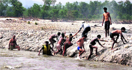A woman being saved by local people and Jal Police personnel at the Parmarth Niketan ghat on the Ganga in Haridwar on Saturday.