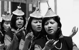 Bhutanese girls presenting a folk dance at the Mountain Echoes literary festival