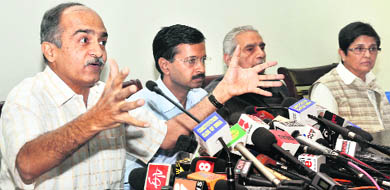 Team Anna members at a press conference in New Delhi. 