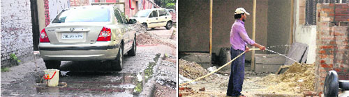 (Left) Water flows from a pipe lying unattended on to the street at Sector 22 on Sunday. Tribune Photo: Pradeep Tewari (right) The wall of a building under construction being watered at Sector 18 on Sunday. 