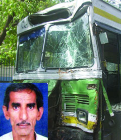 The DTC bus that crushed Kapil Dev Sharma (inset) and injured six in Vikaspuri, west Delhi, on Sunday.