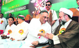Chief Minister Vijay Bahuguna with Mehndi Mahadavipur, a representative of Iranian spiritual leader Ayotollah Khamenei, at the 5th International Conference on Fatima Zahara held in Dehradun on Sunday. 