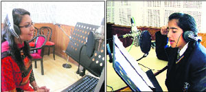 The programme head of Radio Khushi busy at the studios of the radio station in Mussoorie and; (right) a student of Guru Nanak Fifth Centenary School addresses listeners.