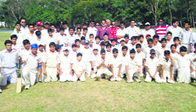 Cricket teams during the opening day of the U-14 Cricket Tournament at GGM Science College, Hostel Ground, Jammu, on Sunday.