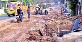 A view of dug-up BC Road, which is leading to traffic jams during the morning hours in Jammu.