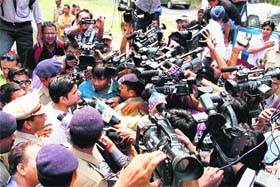 Rohit Shekhar being mobbed by mediapersons outside the house of ND Tiwari in Dehradun on Tuesday
