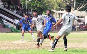 A match in action during the Narender Kharola Memorial All-India Football Tournament in Dehradun on Tuesday