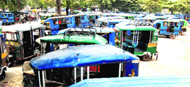Auto-rickshaws and vikrams lined up as a part of their protest in Haridwar on Tuesday.