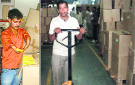 Santosh, a quality inspector at Elin Appliances in Baddi; and (above) polio-affected Tarseem Lal in the same unit.