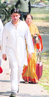 Rohit Shekhar and his mother Ujjwala Sharma outside ND Tiwari's Dehradun residence