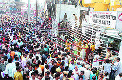 A huge rush of Vaishno Devi devotees outside the yatra registration counter in Katra