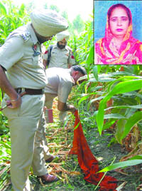 The police inspects the fields from where the body of Darshna (inset) was recovered in Jalandhar on Tuesday.