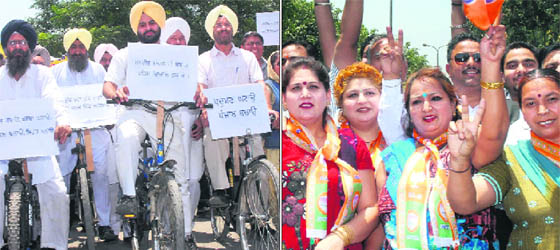 PPP candidate Dr Satbir Singh Bhaura from Ward 55; and (right) Sonia Bhardwaj, BJP candidate from Ward 33, file their nomination papers for MC polls in Jalandhar on Tuesday. 