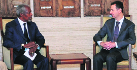 Joint UN-Arab envoy to Syria Kofi Annan (L) during a meeting with Syrian President Bashar al-Assad in Damascus on Tuesday.