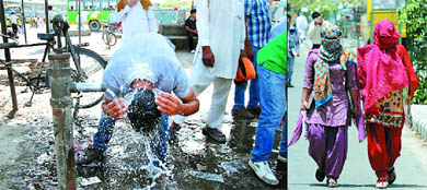 A man cools off his head to get some respite from the merciless hot weather in Bathinda on Wednesday; (right) Girls treading the city roads had their faces covered to brace the harsh sun.