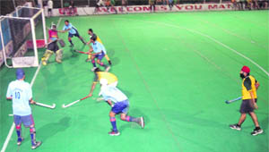 A match in progress during the Prithipal Singh Memorial Hockey festival at Jarkhar village near Ludhiana.