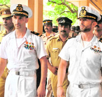 Italian Marines Latore Massimilliano and Salvatore Girone outside a court in Kollam. 