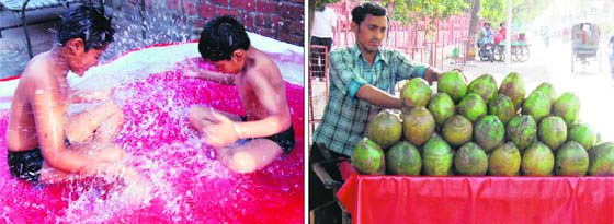 Children enjoy a splash in the pool while vendor sells watermelons in Amritsar. 