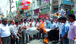 Supporters of the BJP burn effigies of the Congress-led Central Government at the Sadbhawna Chowk in Bathinda on Thursday. The BJP-led NDA had called for a nationwide bandh to protest against the steep hike in the price of petrol
