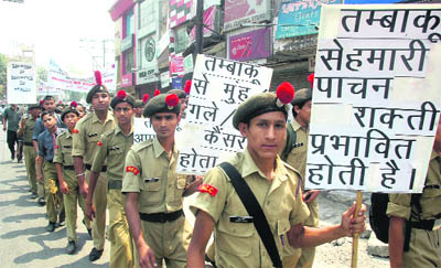 NCC cadets take out an anti-tobacco awareness rally on Anti-Tobacco Day in Dehradun on Thursday. 