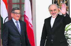 Iranian Foreign Minister Ali Akbar Salehi (R) with External Affairs Minister SM Krishna in New Delhi on Thursday. 