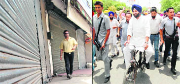 Punjab Revenue Minister Bikram Singh Majithia leads a cycle rally against the hike in petrol price in Amritsar and (L) closed shops in Rajpura.