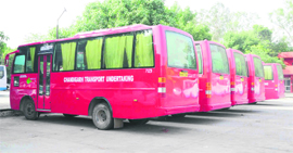 A view of minibuses parked for repairs of the air-conditioning systems at the CTU workshop in the Industrial Area of Chandigarh. 
