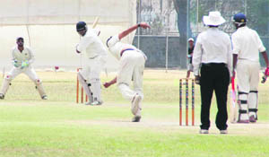 Chandigarh batsman plays a shot against Ludhiana in the Punjab State Inter-District Cricket Tournament (u-22) at the PAU in Ludhiana on Friday. 