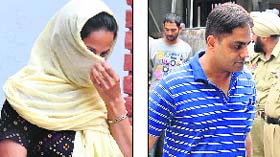 Neki Nalwa and Himmat S Brandy come out of District Court in Mohali following the judgment on Saturday