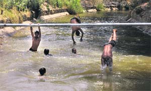 Children take a dip in Ranbir canal on a hot Saturday afternoon in Jammu.