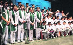 Students give a performance during the annual prize distribution function at JK Public School, Kunjwani, in Jammu on Saturday. 