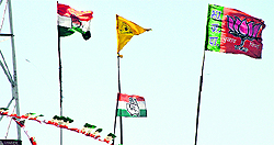 Flags of the Congress, the SAD and the BJP atop showrooms of candidates from Ward 13 Vijay Dakoha and Rohit Kumar Vicky in Jalandhar