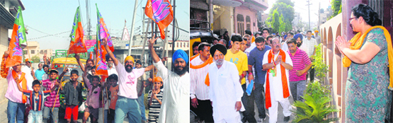 BJP supporters in a jolly mood during the campaigning for MC polls in Jalandhar on Sunday. Manjinder Singh Chatha, BJP councillor from Ward 15, campaigns in his area in Jalandhar on Sunday.