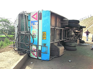 The bus that met with an accident near Libra village in Khanna on Sunday.
