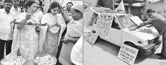 SAD-BJP candidate Kanika Sharma from Municipal ward 27; (right) A roadside shop for election campaign materials in Patiala on Monday.