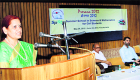 Surina Rajan, Financial Commissioner and Principal Secretary, School Education, Haryana, delivers the inaugural address at a summer school organised at Gita Niketan Awasiya Vidyalaya in Kurukshetra.