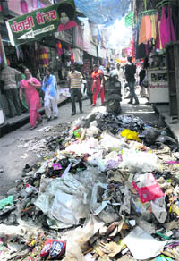 Garbage dumped on a road in the main bazaar at Ropar.