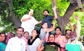 Environmentalists and statehood agitators climb trees on Envionment Day to draw attention on forest fires and degrading forest cover in Uttarakhand in Haridwar on Tuesday. 
