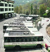 The bus stand wears a deserted look due to a strike by HRTC employees in support of their demands in Shimla on Tuesday. 