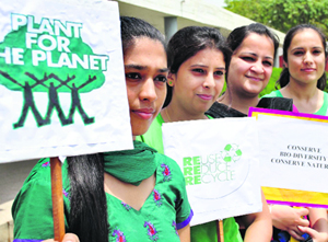 Girls take out an awareness rally on the occasion of World Environment Day in Patiala on Tuesday.