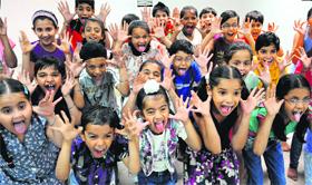 Children make faces during a theatre workshop at the Tagore Theatre, Sector 18, Chandigarh, on Thursday.