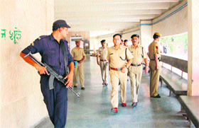 A mock security drill in progress at the judicial complex in Gurgaon. 