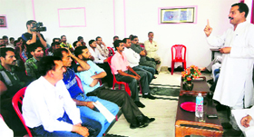JKNPP state president Balwant Singh Mankotia addresses party workers at Reasi on Thursday.