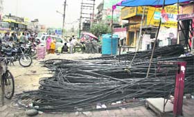 Iron rods and hardware items kept outside a shop owned by the family of councillor Bimla Rani Dakoha in Ward 13 at Rama Mandi in Jalandhar. 
