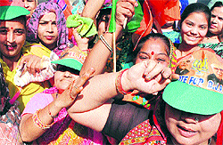 Supporters of SAD/BJP candidate Balwant Singh from ward number 34 during canvassing in Patiala on Friday