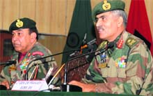 Lt Gen SA Hasnain (L) addresses a joint press conference along with his successor Lt Gen Om Prakash in Srinagar on Friday. 