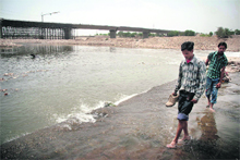 A view of the bridge on the Tawi which is under construction in Jammu.