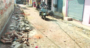 The paving work of a road lies incomplete in Bhargo Camp in Ward 52 of Jalandhar. 