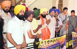 Deputy CM Sukhbir Singh Badal addresses a rally in support of Jagbir Singh Sokhi in Ludhiana. 