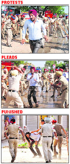 (Top-bottom) A sequence of photos shows how a protesting teacher is taken to task by policement at Kotha Guru village in Bathinda on Friday. 